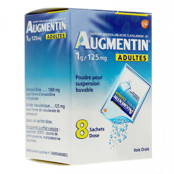 Rupture AUGMENTIN 1 g/125 mg ADULTE, pdr pr susp buv, sachet