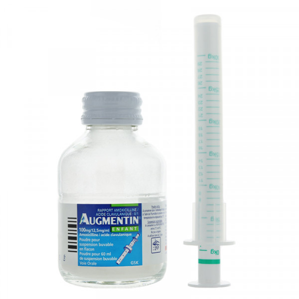 Rupture AUGMENTIN 100 mg/12,5 mg/mL ENF, pdr pr susp buv, fl 60 mL+mesure
