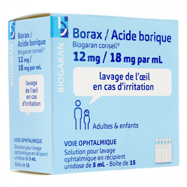Rupture BORAX/ACIDE BORIQUE BIOGARAN 12 mg/18 mg/mL, sol pr lav opht, unidose 5 mL