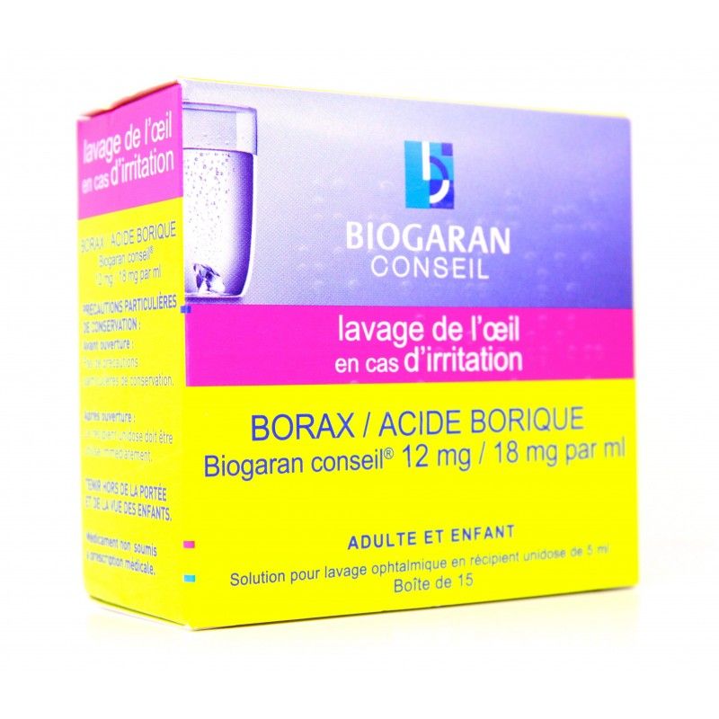 Rupture BORAX/ACIDE BORIQUE BIOGARAN CONSEIL 12 mg/18 mg/mL, sol pr lav opht, unidose 5 mL
