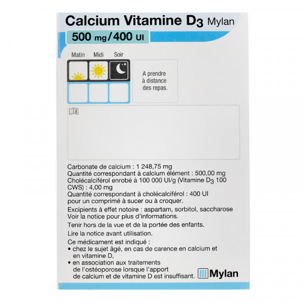 Rupture CALCIUM/VITAMINE D3 VIATRIS 500 mg/400 UI, cp à croquer/sucer