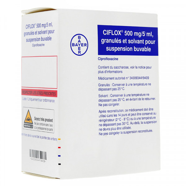 Rupture CIFLOX 500 mg/5 mL, granulé+solv pr susp buv, fl 86 mL